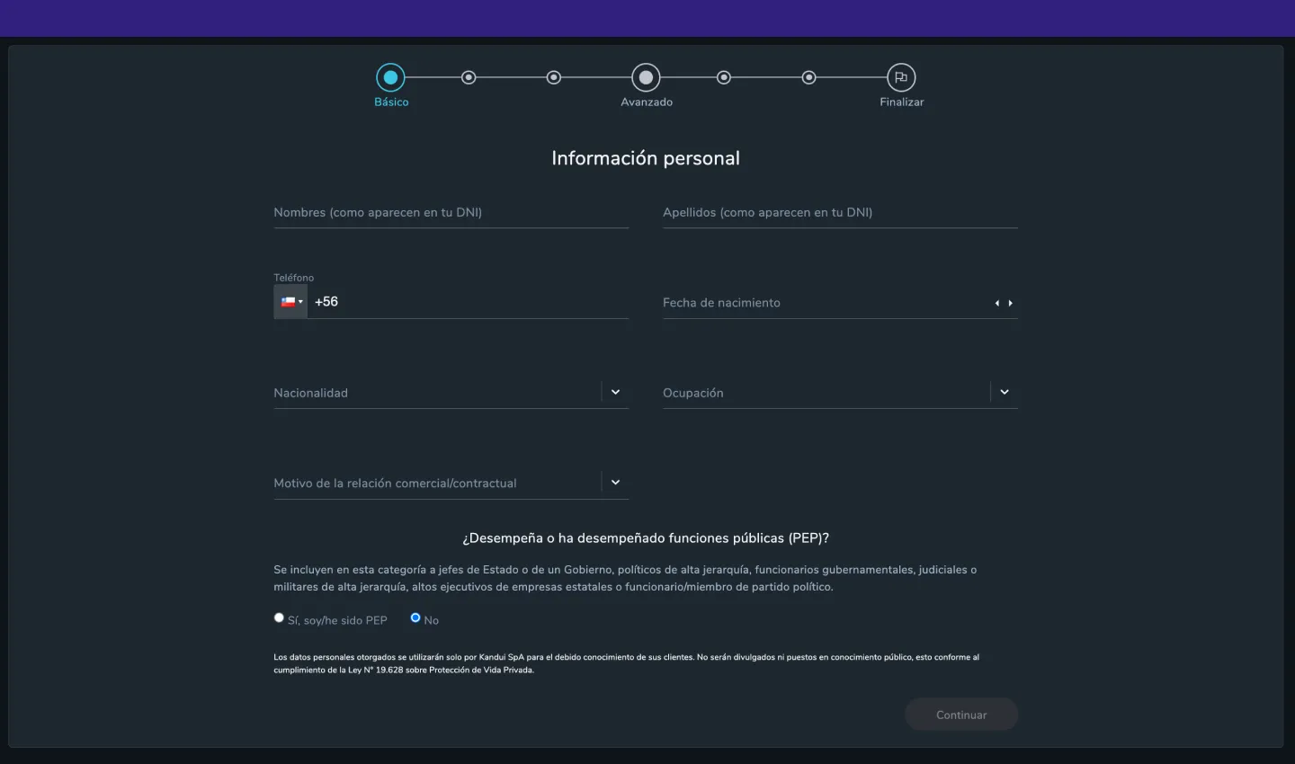 Matias Medina Kandui.cl dark theme KYC form view