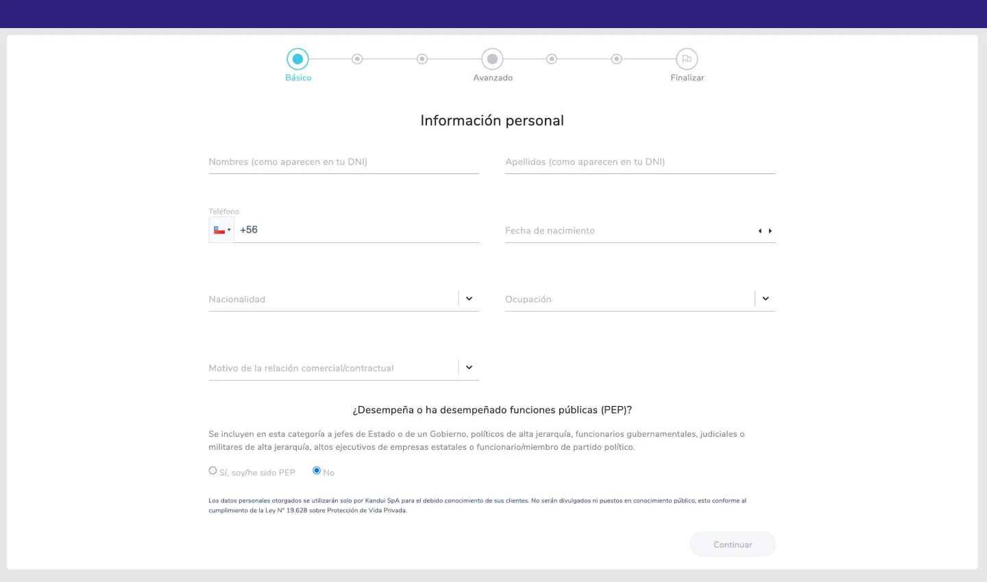 Matias Medina Kandui.cl light theme KYC form view
